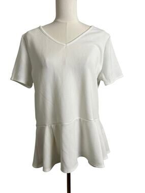 Ssoulm White Peplum Blouse 1XL V Neck Short Sleeve Textured Flare Hem Top